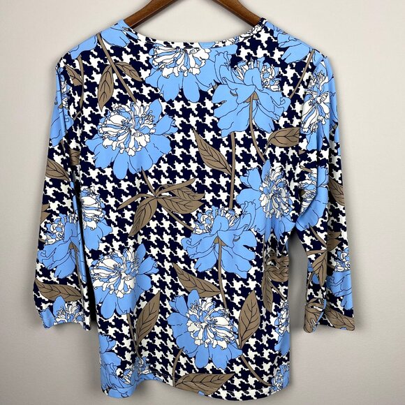 J. Mclaughlin Catalina Cloth‎ Top Womens Large Blue Floral Blouse 3/4 Sleeve Tee - Picture 12 of 13